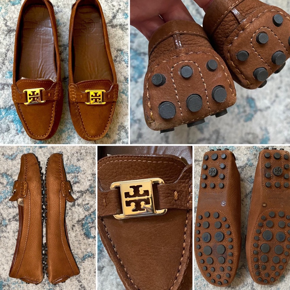 Tory Burch Tan Leather Loafers with Gold Emblem